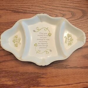 🍀GRASSLANDS ROAD☘️ stone dish with green clovers.  12 1/2" long 1 1/2" deep.